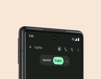 Close-up of the Pixel 6 phone with live translator on-screen.